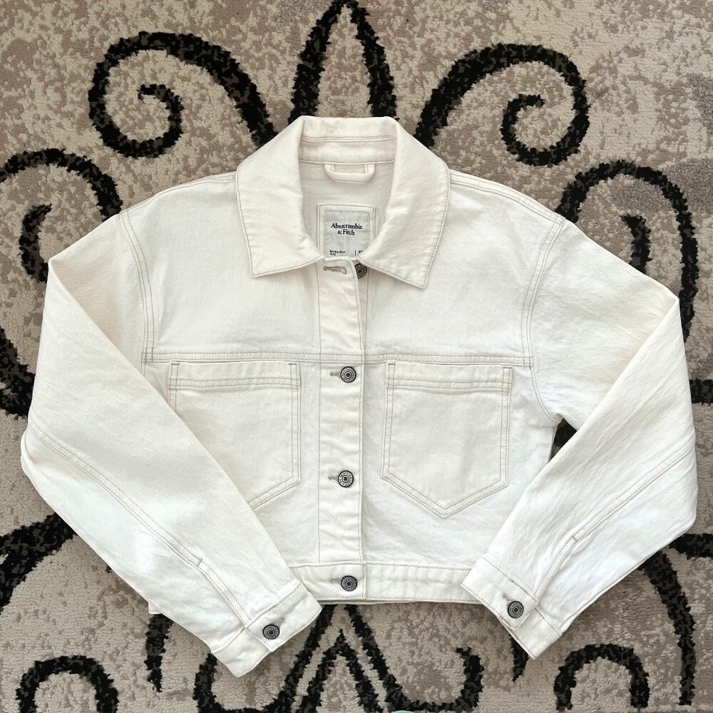 Abercrombie & Fitch NEW! Cropped Denim Jean Jacket In Cream/Bleached Wash XS